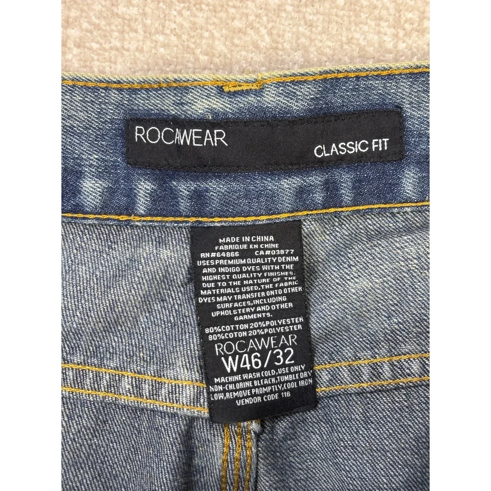 Rocawear Classic Fit Distressed Ripped Blue Denim Jeans Mens 46x32 Streetwear